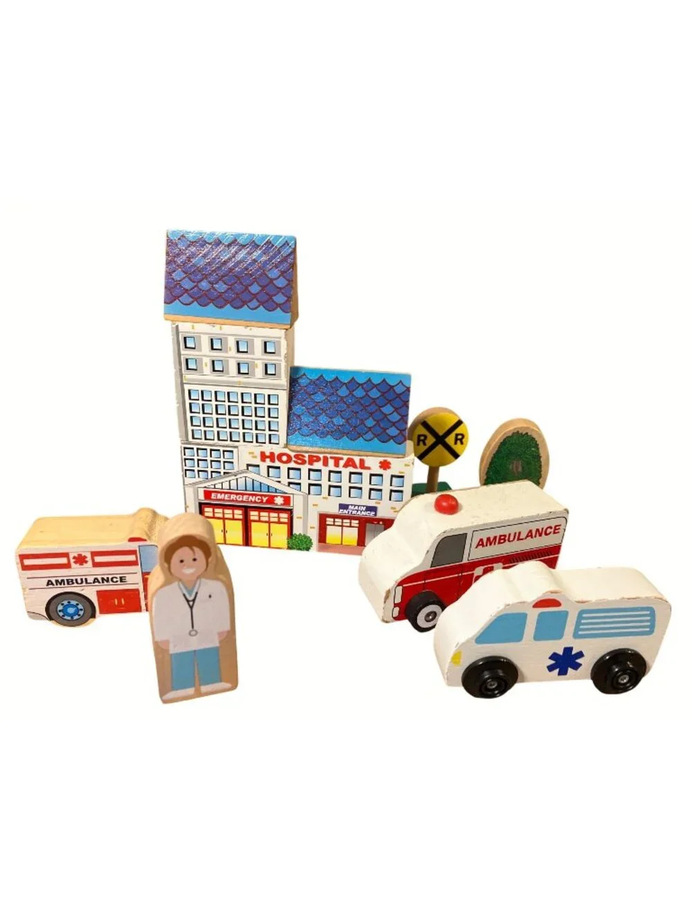 Wooden Toy Hospital Playset With Ambulance Doctor And Buildings For Kids